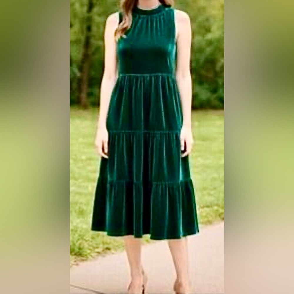 J CREW FACTORY Green Velvet Tiered Midi Dress with Pockets